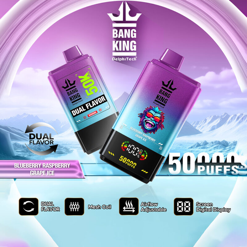 Advertisement for Bang King vape featuring two colorful devices with dual flavors, Blueberry Raspberry and Grape Ice, set against a snowy mountain background, highlighting features like 50,000 puffs, mesh coil, adjustable airflow, and screen digital display.