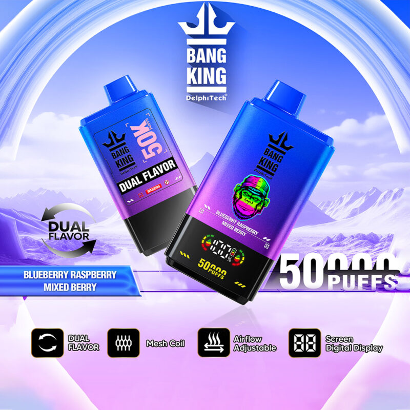 Promotional image for Bang King 50,000 puffs vape featuring Blueberry Raspberry Mixed Berry dual flavor, with a digital screen, mesh coil, and adjustable airflow on a mountain backdrop.