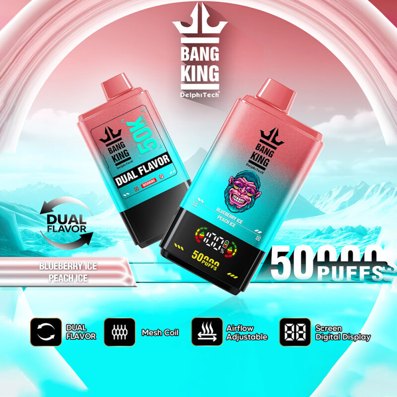 Colorful advertisement for Bang King DelphiTech dual flavor vape device, highlighting features like blueberry ice and peach ice flavors, 50,000 puffs, mesh coil, adjustable airflow, and digital display against an icy mountain backdrop.