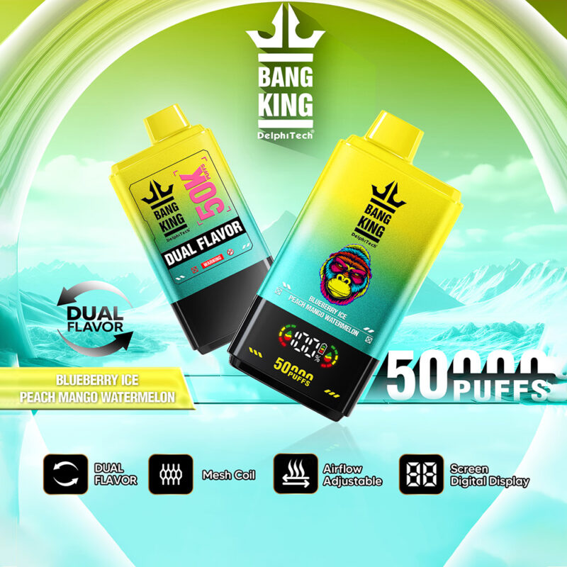 Promotional image for Bang King dual flavor vape devices featuring Blueberry Ice and Peach Mango Watermelon, showcasing 50,000 puffs capacity, mesh coil, adjustable airflow, and digital display features against a blue and green icy mountain backdrop.