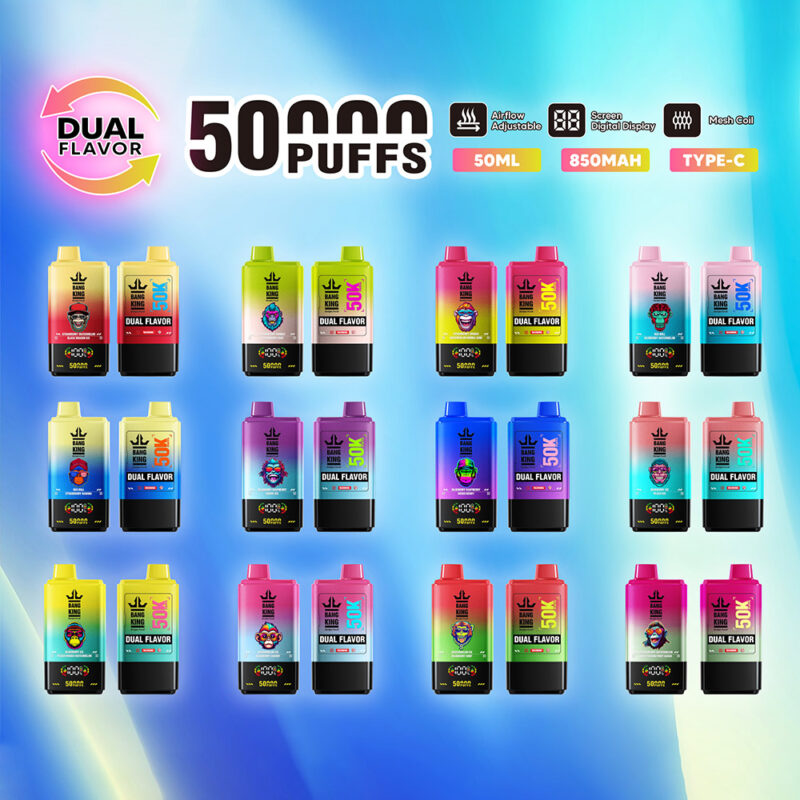A promotional image showing various dual flavor vape devices with 50,000 puffs each, arranged in a grid format against a blue gradient background, featuring details like adjustable airflow, mesh coil, 50ml capacity, and 850mAh battery with Type-C charging.