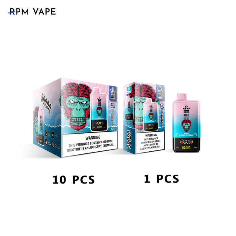 Packaging display of RPM Vape products, featuring 'Bang King' vapes with a graphic of a pink and green ape face, labeled as containing nicotine with a warning about its addictive nature, showing options of 10-piece and single units.