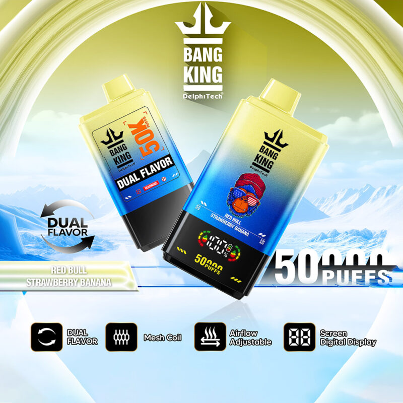 Marketing image for Bang King vape featuring dual flavor options Red Bull and Strawberry Banana, showcasing a sleek device design with a digital display and airflow adjustable features over a snowy mountainous background.