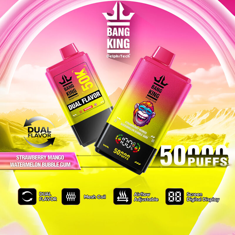 Promotional graphic for Bang King vape featuring dual flavor options of Strawberry Mango and Watermelon Bubble Gum, showcasing a colorful vape device with 50,000 puffs capacity, adjustable airflow, mesh coil, and digital display.