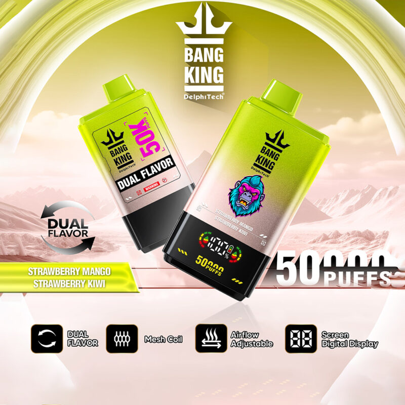Promotional image of Bang King dual flavor vape devices featuring 50,000 puffs, with strawberry mango and strawberry kiwi flavors, and highlighting features like dual flavor, mesh coil, adjustable airflow, and a digital display.