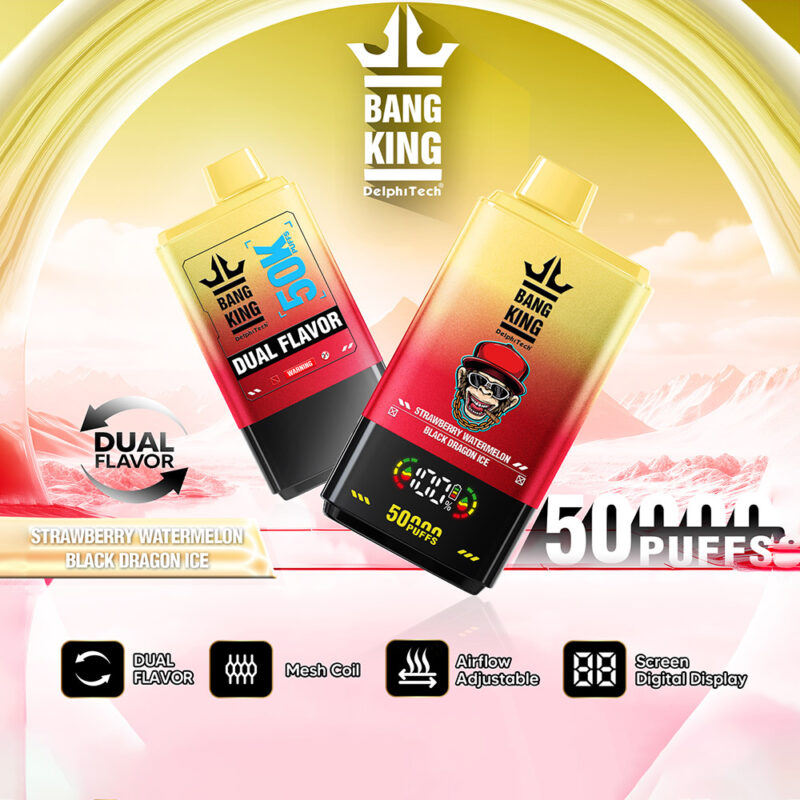 Promotional image for Bang King DelphiTech vape featuring dual-flavor options, strawberry watermelon and black dragon ice, with icons highlighting mesh coil, adjustable airflow, and digital display features.