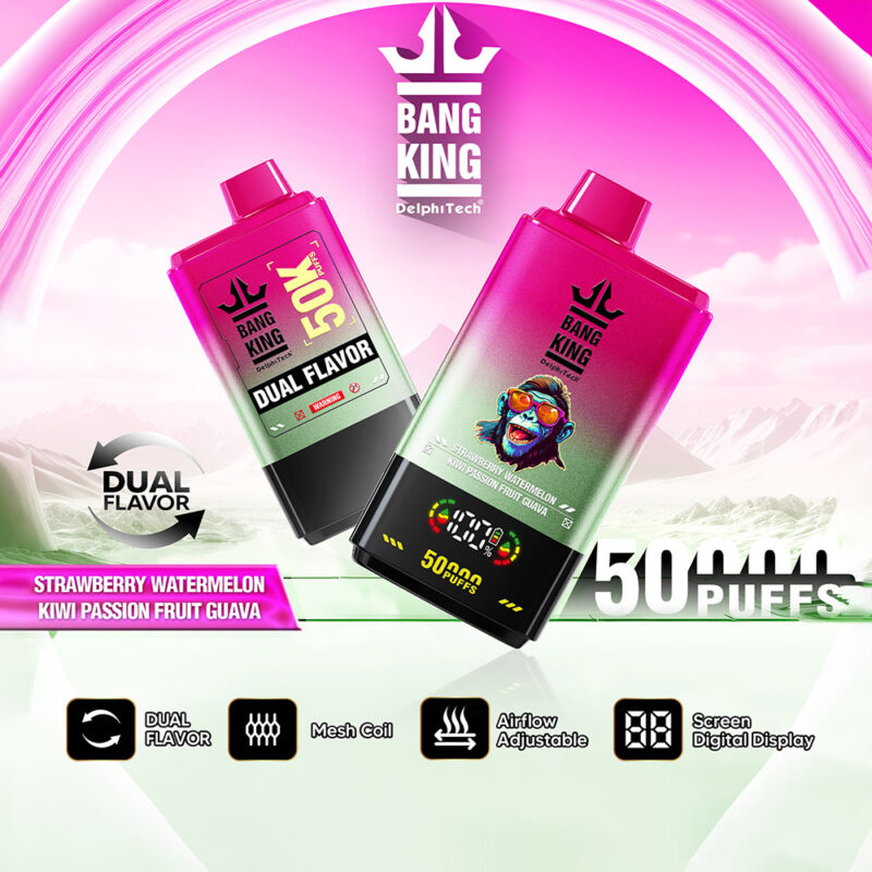 Promotional image for Bang King disposable vape featuring vibrant packaging with dual flavors, strawberry watermelon and kiwi passion fruit guava, alongside icons indicating features like dual flavor, mesh coil, airflow adjustability, and screen digital display.