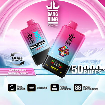 Werbung für Bang King Vape mit zwei Geschmacksoptionen, Wassermeloneneis und Blaubeerkirsche, mit 50.000 Zügen und einer digitalen Bildschirmanzeige vor einem rosa und eisigen Berghintergrund.
