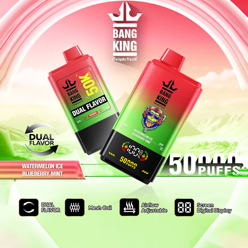 Advertisement for Bang King vapes highlighting dual flavors of watermelon ice and blueberry mint with features like 50,000 puffs, mesh coil, adjustable airflow, and a digital display.