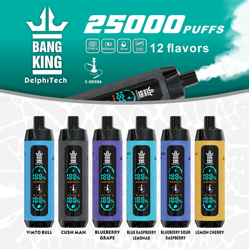 Imagen de dispositivos e-shisha Bang King shisha 25000 con varios sabores y características mostradas, incluidas 25000 bocanadas, batería de 650 mAh, carga tipo C y 12 opciones de sabor.
