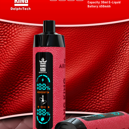 Rote Werbung für ein Einweg-Vaporizer mit „BANG KING“-Logo, 25.000 Zügen, Aufladen Typ C, 650 mAh-Akku und 30 ml E-Liquid-Kapazität auf strukturiertem Hintergrund.