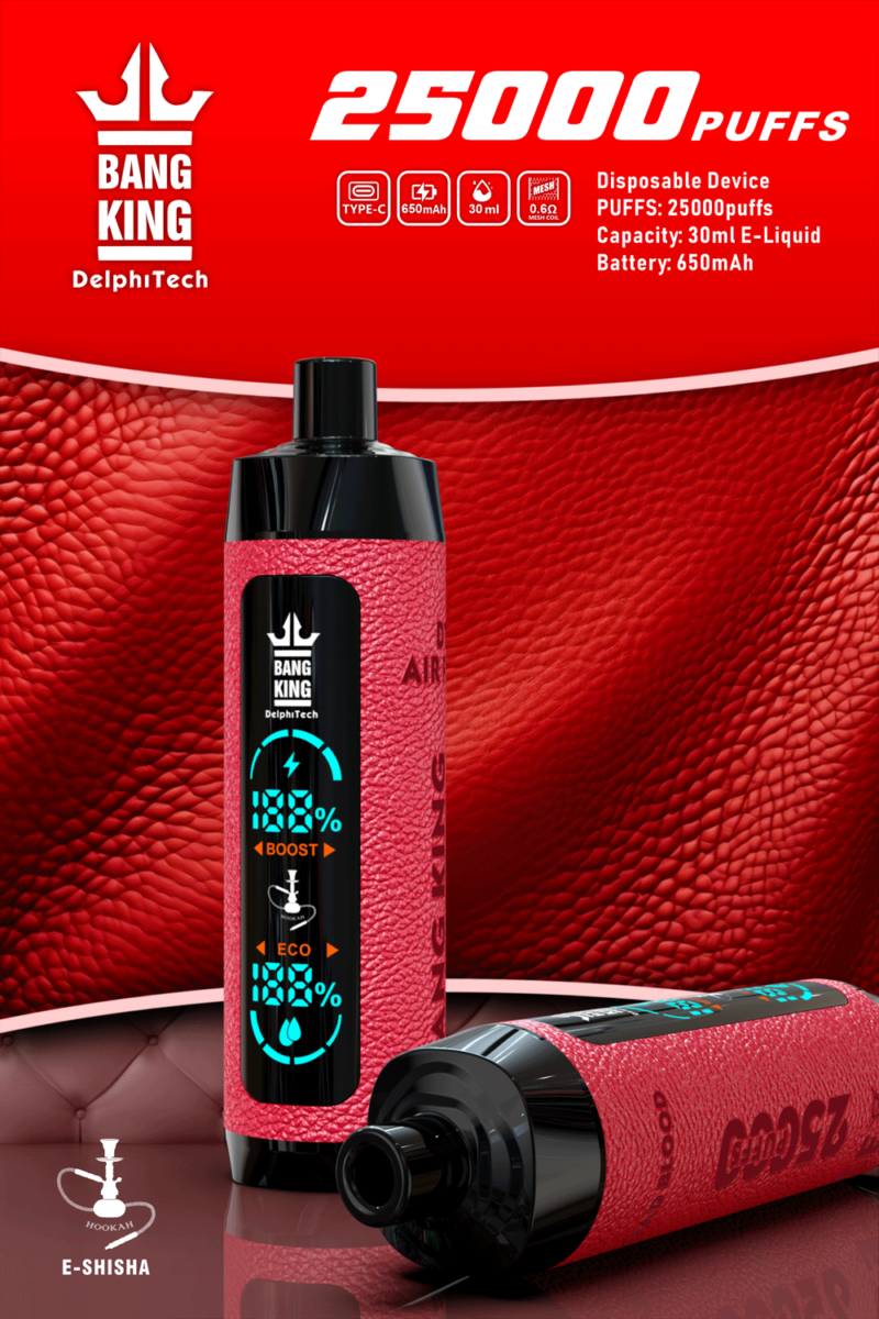 Anuncio de dispositivo de vapeo desechable rojo con el logotipo "BANG KING", 25000 bocanadas, carga tipo C, batería de 650 mAh y capacidad de 30 ml de e-líquido sobre un fondo texturizado.