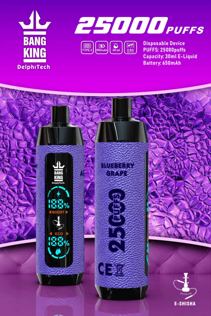 Dos dispositivos de shisha electrónica desechables Bang King de color morado con textura de guijarros, que ofrecen 25.000 bocanadas cada uno y cuentan con sabor a arándano y uva.