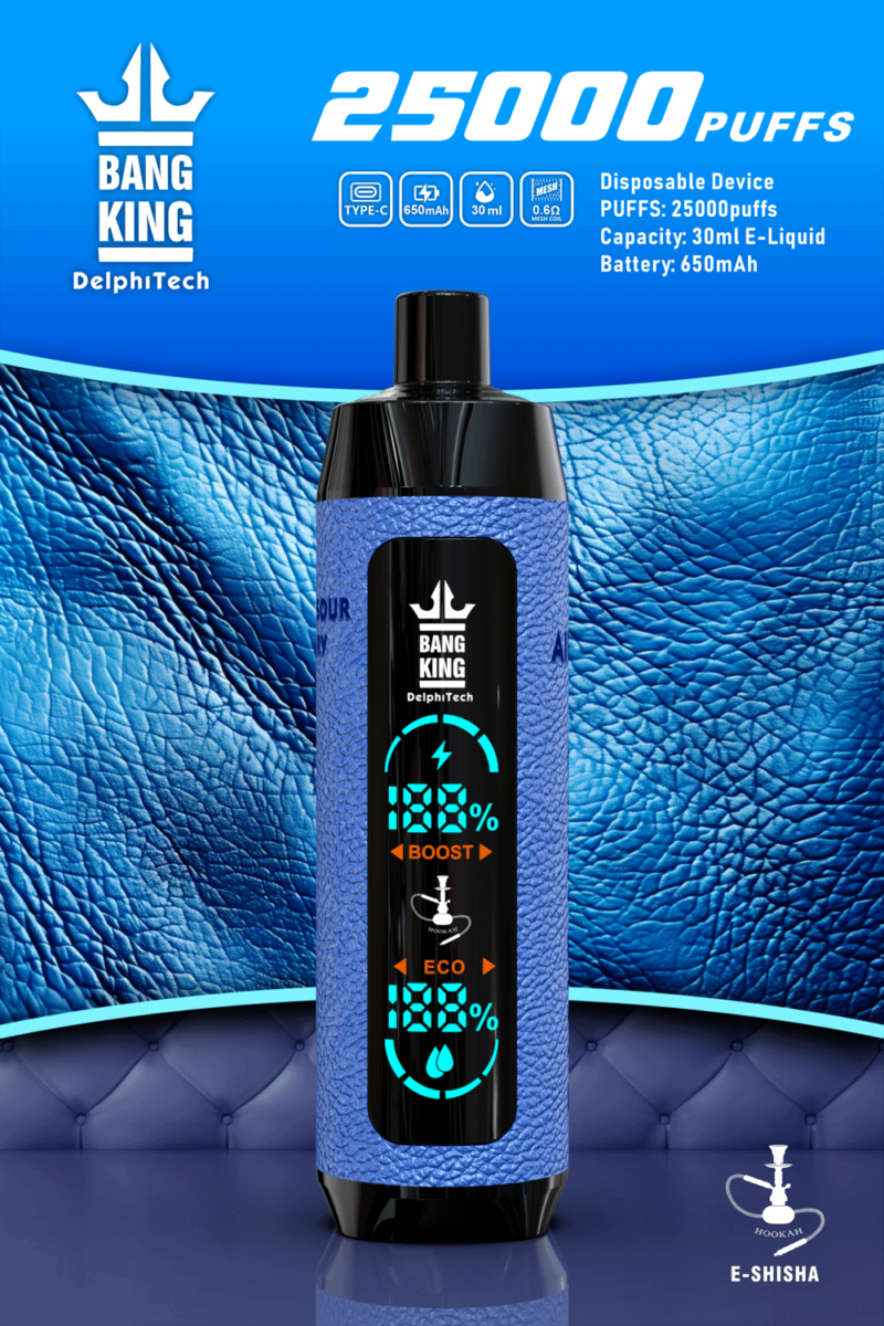Dispositivo de shisha electrónica desechable de color azul con la marca "Bang King" y "DelphiTech", pantalla digital y texto "25000 bocanadas" en el fondo.
