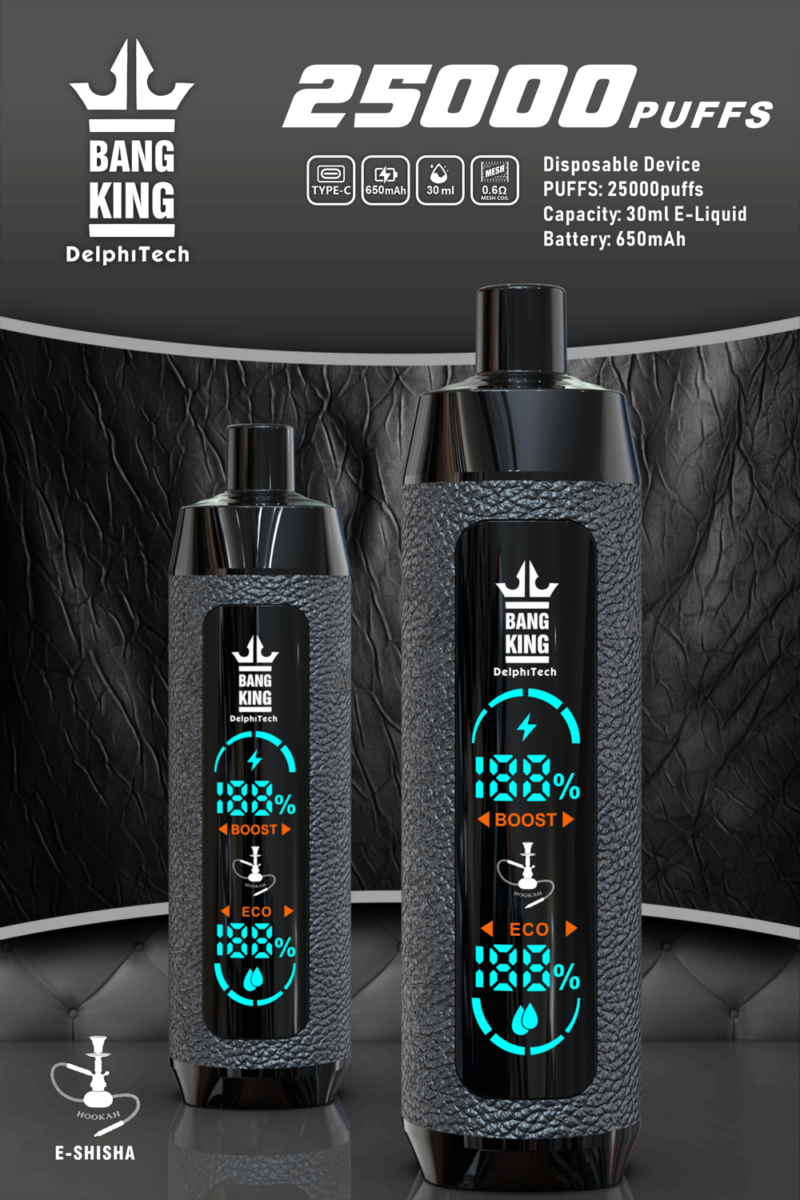 Dispositivo desechable e-shisha Bang King con 25000 bocanadas, batería de 650 mAh, capacidad de 30 ml de e-líquido y carga tipo C, con un diseño negro texturizado.