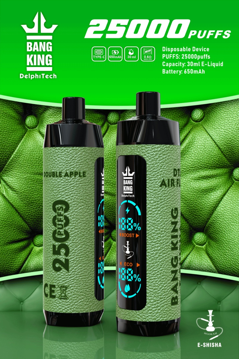 Dispositivo de shisha electrónica desechable verde y negro con la marca "Bang King" y capacidad de 25.000 bocanadas.