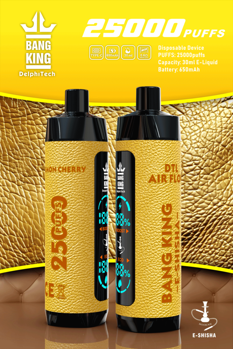Dos dispositivos e-shisha desechables Bang King, cada uno con carcasa texturizada amarilla, que muestran características como 25000 bocanadas, capacidad de e-líquido de 30 ml y batería de 650 mAh sobre un fondo de cuero dorado.