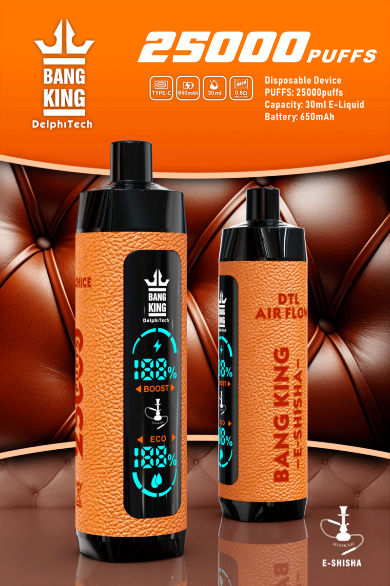 Dos dispositivos de vapeo desechables Bang King con un diseño con textura de cuero naranja, exhibidos sobre un fondo marrón con mechones.