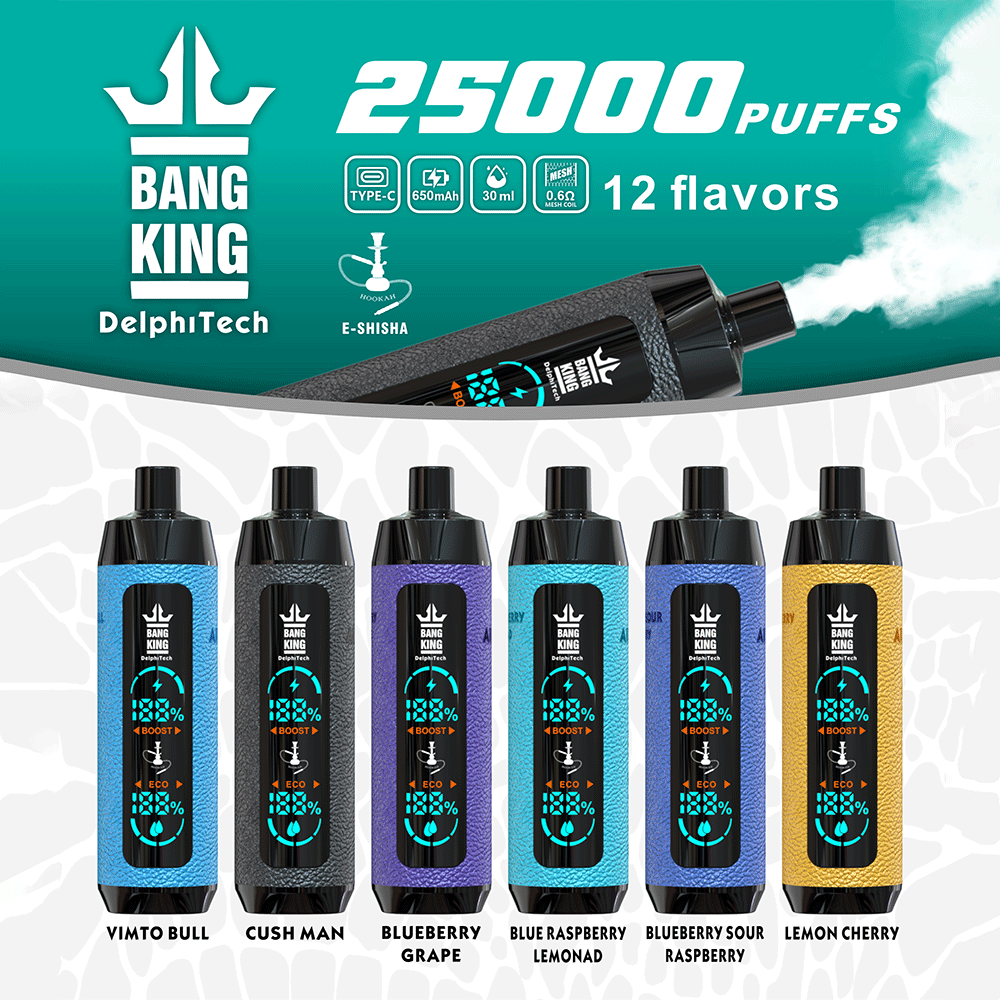 Bild der E-Shisha-Geräte Bang King Shisha 25000 mit verschiedenen Geschmacksrichtungen und Funktionen, darunter 25000 Züge, 650-mAh-Akku, Aufladen über Typ C und 12 Geschmacksoptionen.