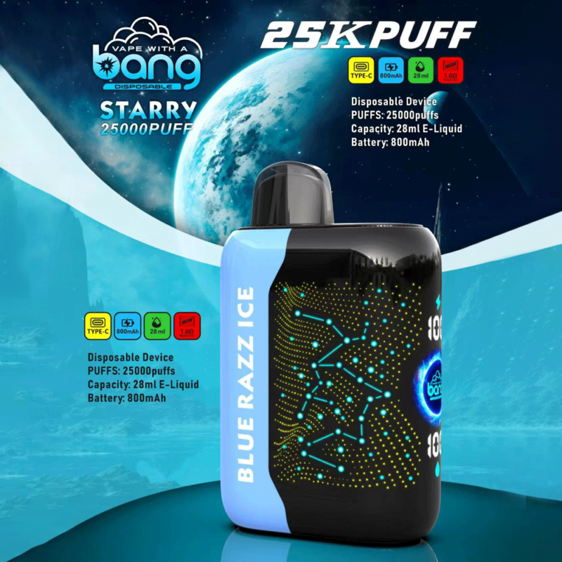 Wegwerp-vape-apparaat met het label "Bang Starry 25000 PUFF" met de smaak "Blue Razz Ice", goed voor 25.000 trekjes, een e-liquidcapaciteit van 28 ml, een 800 mAh-batterij en Type-C-opladen.