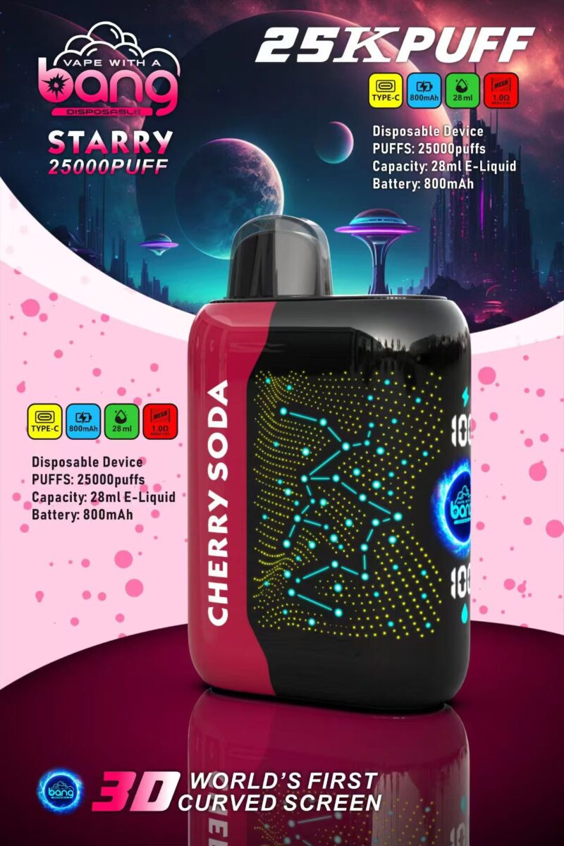Wegwerp-vape-apparaat genaamd "Bang Starry" met kersensodasmaak, goed voor 25.000 trekjes, een e-liquidcapaciteit van 28 ml, een 800 mAh-batterij, Type-C-opladen en een 3D-gebogen scherm.