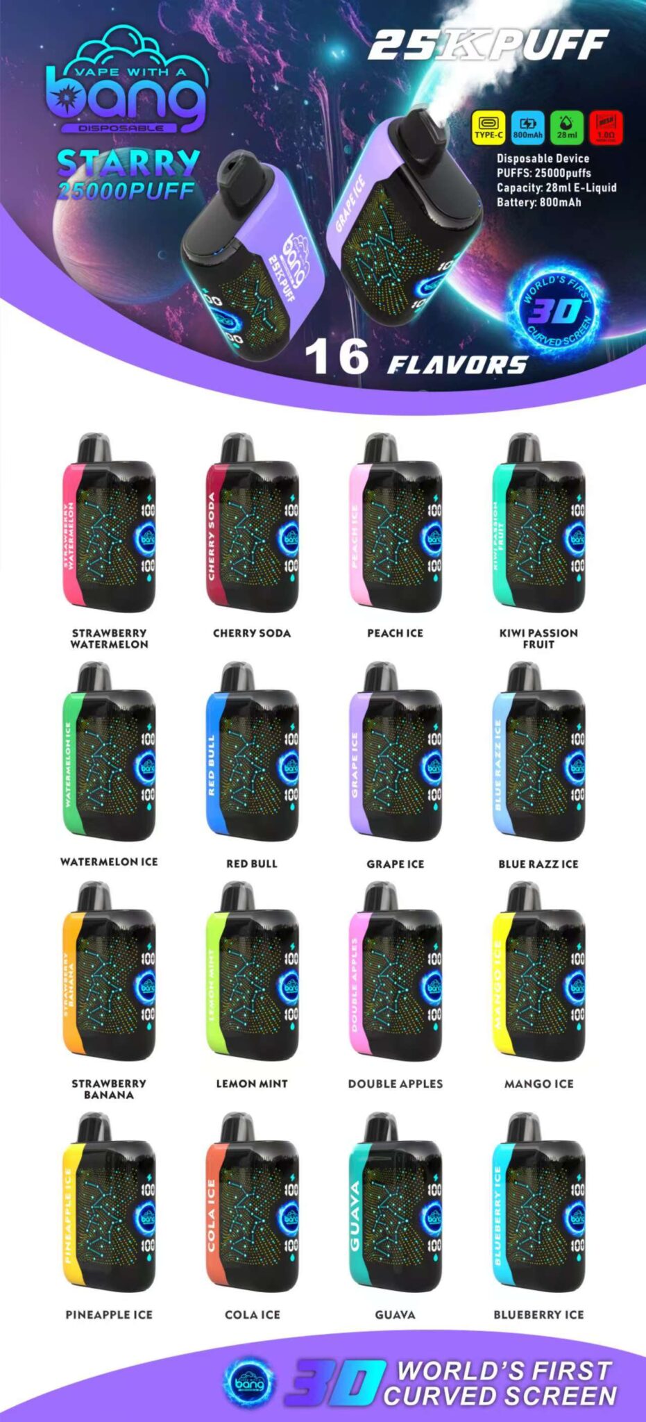 Bang Starry wegwerp-vape met 25.000 trekjes, voorzien van een 3D-gebogen scherm en verkrijgbaar in 16 smaken, waaronder Strawberry Watermelon, Cherry Soda, Peach Ice, Kiwi Passion Fruit en meer. 800mAh-batterij, 28ml e-liquid-capaciteit, Type-C-opladen.