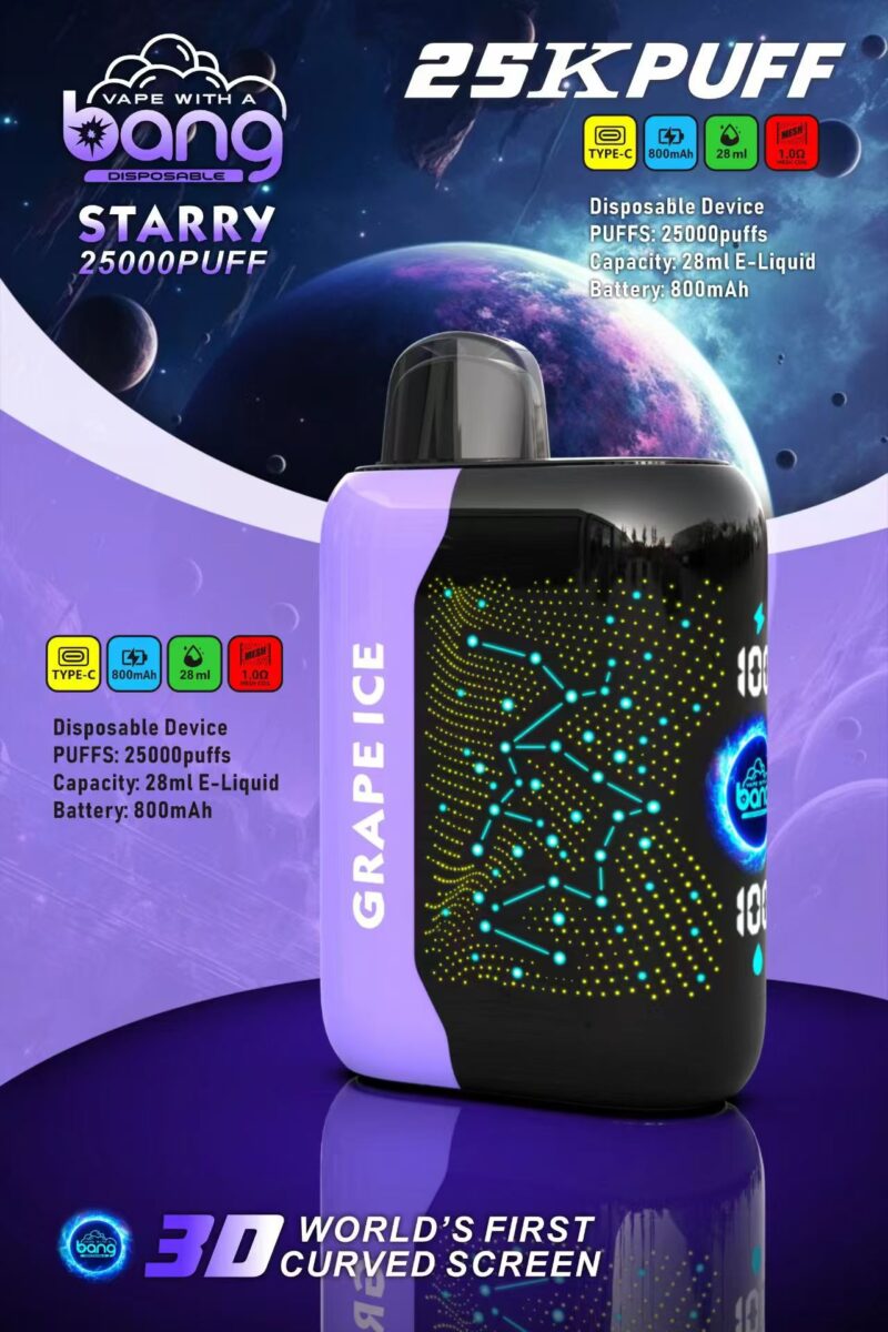 Wegwerp-vape-apparaat met 25.000 trekjes, druivenijssmaak, 28 ml e-liquidcapaciteit, 800 mAh-batterij, Type-C-opladen en een 3D-gebogen scherm met sterrenbeelden.