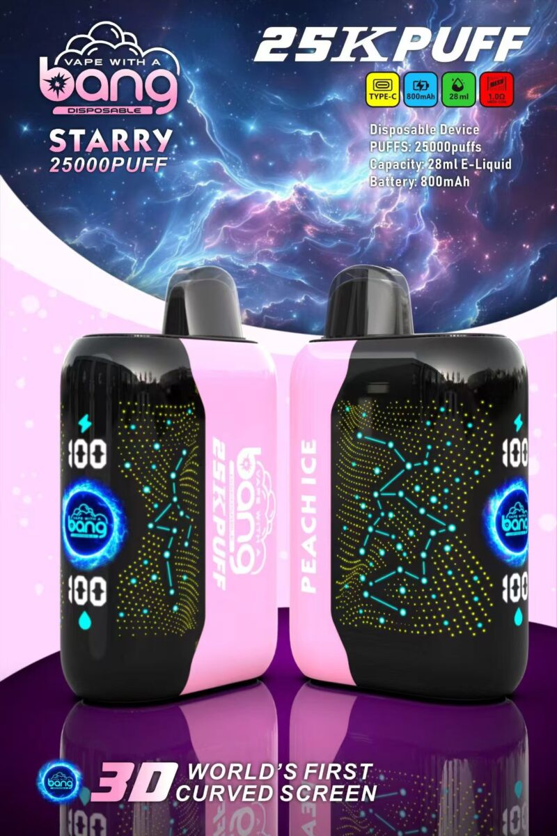 Roze en zwarte Bang Starry wegwerpvape met 3D-gebogen scherm, gemarkeerd met 25.000 trekjes, 28 ml e-liquid capaciteit, 800 mAh batterij en USB Type-C opladen.