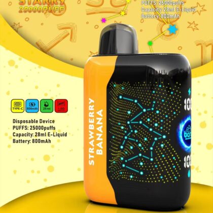 Vapeapparat för engångsbruk med 25 000 puffar märkta "Bang Starry", med smak av jordgubbsbanan. Specifikationerna inkluderar Type-C-laddning, 800mAh batteri, 28ml e-liquid-kapacitet, 1,0Ω resistans och en 3D-böjd skärm.