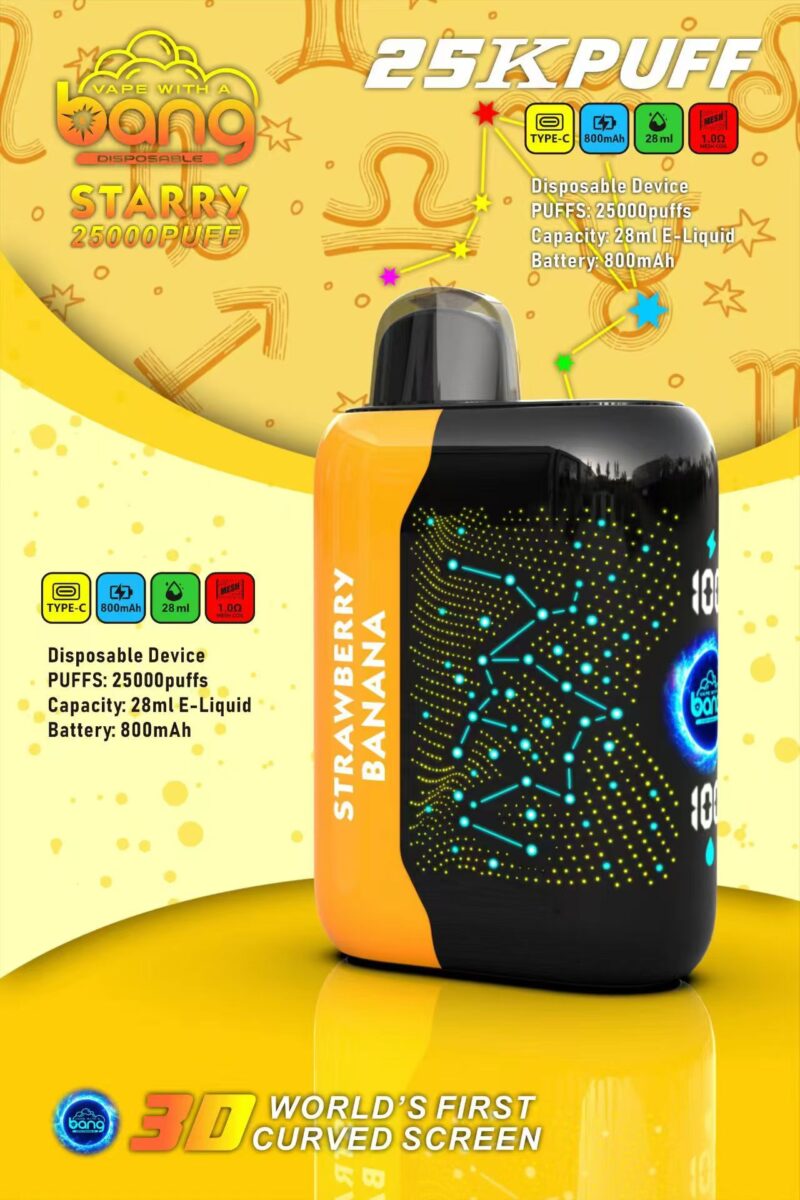 Wegwerp-vape-apparaat met 25.000 trekjes, gelabeld als "Bang Starry", met een aardbeien-bananensmaak. Specificaties zijn onder meer Type-C-opladen, 800mAh-batterij, 28ml e-liquidcapaciteit, 1,0Ω-weerstand en een 3D-gebogen scherm.