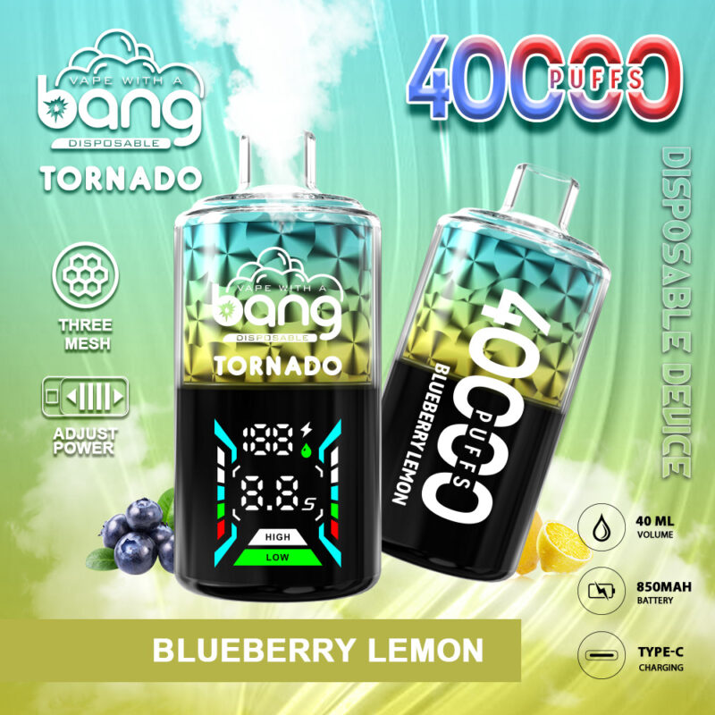 Image promotionnelle d'un appareil à vapotage jetable étiqueté « Bang Tornado » avec une saveur « Myrtille Citron ». L'appareil est conçu pour 40 000 bouffées, dispose de paramètres de puissance réglables et comprend des icônes pour des fonctionnalités telles que la charge Type-C, la capacité de volume et les spécifications de la batterie.