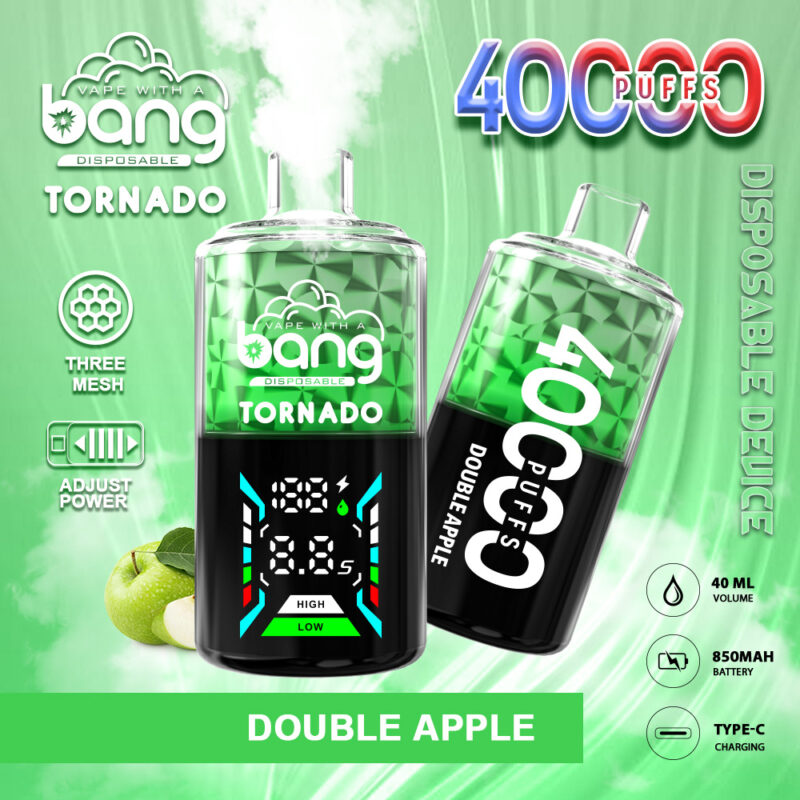 Image d'un appareil à vapotage jetable vert et noir étiqueté « Bang Tornado » avec le texte « 40 000 PUFFS » et « DOUBLE APPLE ». L'appareil est doté d'un écran numérique indiquant les niveaux de batterie et les paramètres, d'images d'une pomme et d'icônes indiquant la puissance réglable et le type de charge.