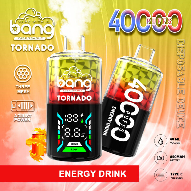 Un graphisme promotionnel coloré pour un appareil à vapotage jetable appelé « Bang Tornado », avec un texte en gras indiquant « 40 000 PUFFS » et « ENERGY DRINK ». La conception de l'appareil comprend un affichage numérique pour les réglages de puissance, des icônes pour des fonctionnalités telles que trois mailles et une puissance réglable, et un arrière-plan dynamique avec des effets de fumée.