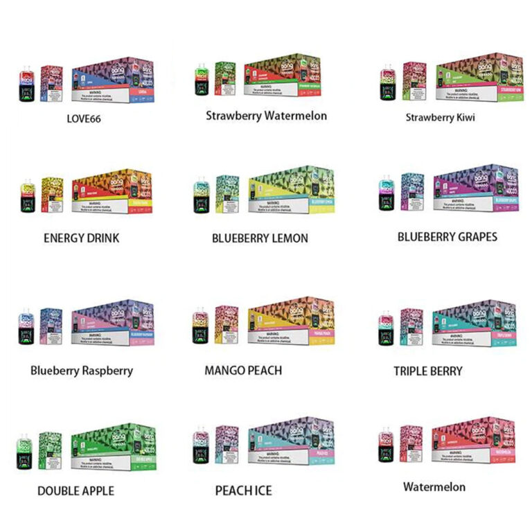 Une grille présentant différentes boîtes de boissons aromatisées, avec des étiquettes pour des saveurs telles que Love66, Fraise-Pastèque, Fraise-Kiwi, Boisson Énergisante, Myrtille-Citron, Myrtille-Raspberry, Myrtille-Framboise, Mangue-Pêche, Triple Baie, Double Pomme, Pêche Glacée et Pastèque. Chaque saveur est accompagnée d'une canette de boisson correspondante.