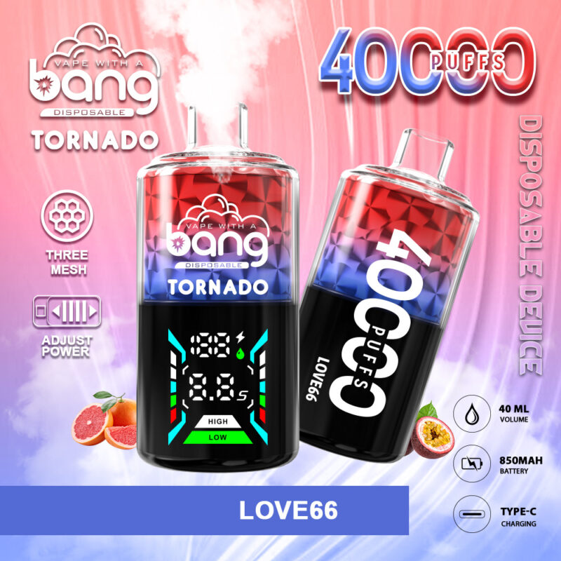 Un produit de vapotage coloré doté d'un récipient transparent étiqueté « Bang Tornado » avec un affichage de puissance réglable. Il met en évidence « 40 000 bouffées » et « LOVE66 », ainsi que des graphiques indiquant une conception à trois mailles et des spécifications pour la batterie et le volume. Des fruits comme le pamplemousse et le fruit de la passion sont représentés en bas.