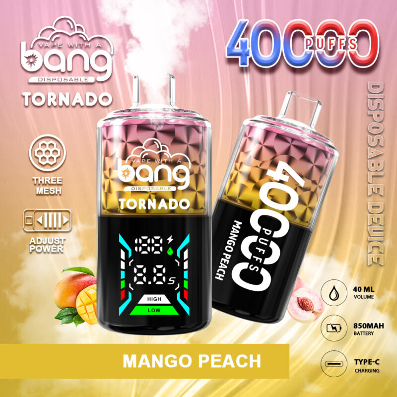 Une image promotionnelle colorée présentant les appareils de vapotage jetables Bang Tornado au goût de mangue et de pêche, mettant en évidence des fonctionnalités telles que 40 000 bouffées, une puissance réglable et une conception à trois mailles, avec des icônes pour la capacité de la batterie, le volume et le type de charge.