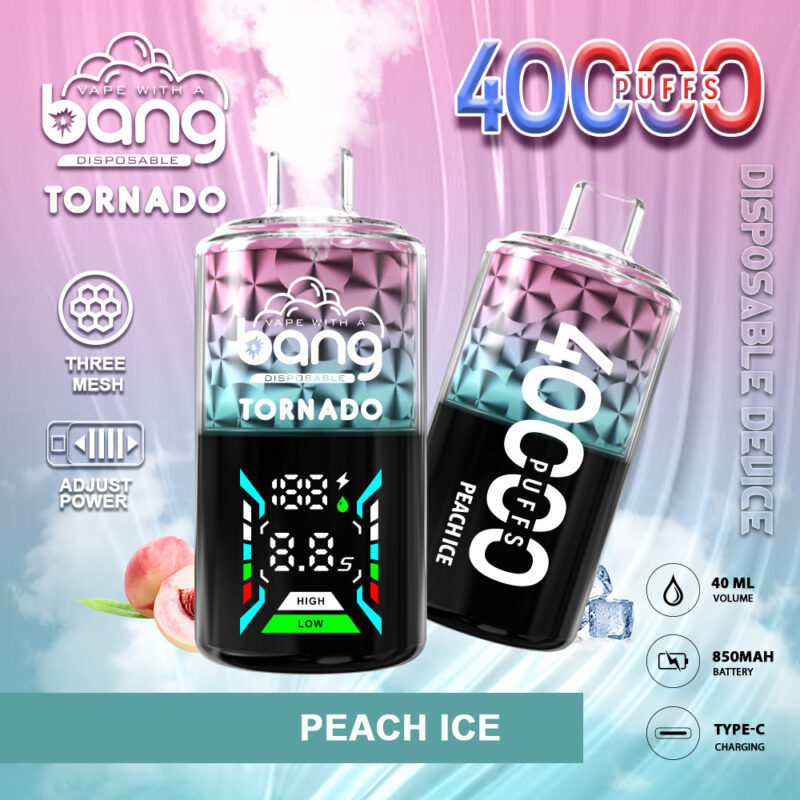 Une image promotionnelle mettant en vedette un appareil à vapotage jetable appelé « Bang Tornado ». L'appareil est conçu pour 40 000 bouffées et porte l'étiquette « Peach Ice ». Il dispose d'un écran numérique indiquant l'état de la batterie et les paramètres d'alimentation. Les éléments visuels incluent l'appareil lui-même, des images de pêche et des icônes pour des fonctionnalités telles que trois bobines en maille et la charge de type C. L'arrière-plan présente un mélange de couleurs pastel avec des effets de fumée.