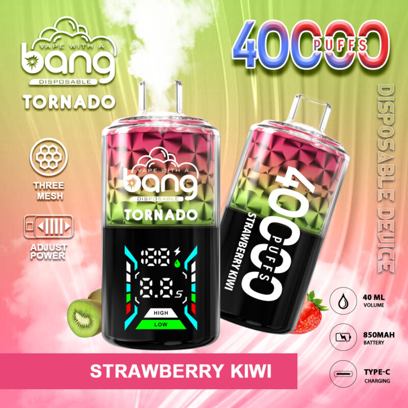 Un graphique coloré d'un appareil à vapotage jetable étiqueté « Bang Tornado » avec une saveur fraise-kiwi, affichant une capacité de 40 000 bouffées, une fonction de puissance réglable et des spécifications telles qu'un volume de 40 ml et une batterie de 850 mAh. L'arrière-plan comprend des illustrations de fraises et de kiwis.