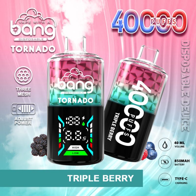 Un appareil à vapotage jetable coloré étiqueté « Bang Tornado » avec la saveur « Triple Berry », présentant une capacité de 40 000 bouffées, des réglages de puissance réglables et un grand écran pour les informations sur la batterie et la puissance. Le design comprend des images de mûres et d'autres fruits en arrière-plan.