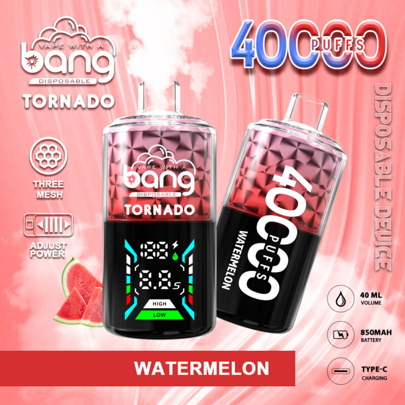 Image promotionnelle mettant en vedette un appareil à vapotage jetable « Bang Tornado 40000 Puffs » au goût de pastèque, présentant ses caractéristiques : 40 000 bouffées, puissance réglable, technologie à trois mailles, volume de 40 ml, batterie de 850 mAh et chargement de type C. Le fond est rose avec des tranches de pastèque.