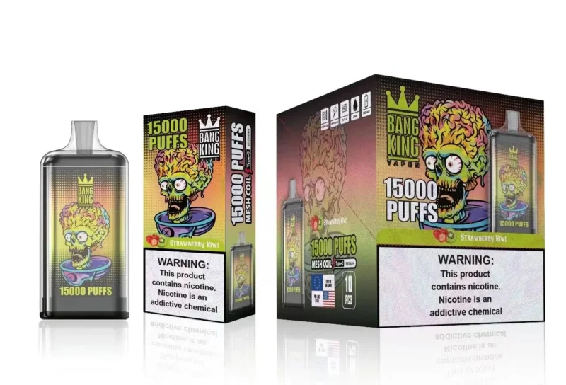 Emballage de Bang King Vapen, contenant 15 000 bouffées, avec une étiquette représentant un personnage de dessin animé au visage coloré, semblable à celui d'un zombie ; la saveur du produit est Fraise Kiwi, et un avertissement indique la présence de nicotine, un produit chimique addictif.