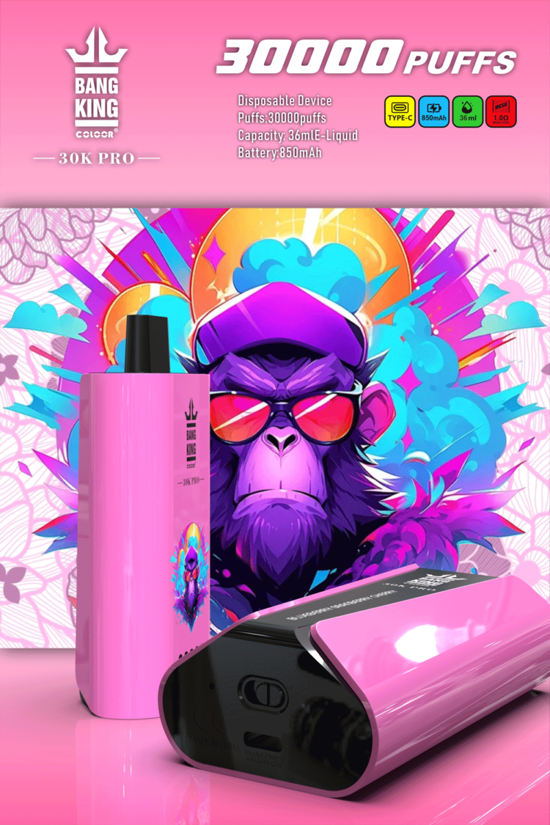 „Pink Bang King 30K Pro Einweg-Vape mit 30.000 Zügen Kapazität, 36 ml E-Liquid, 850 mAh Akku und Mesh-Coil. Stilisierte Gorilla-Kunst im Hintergrund mit leuchtenden Farben.“