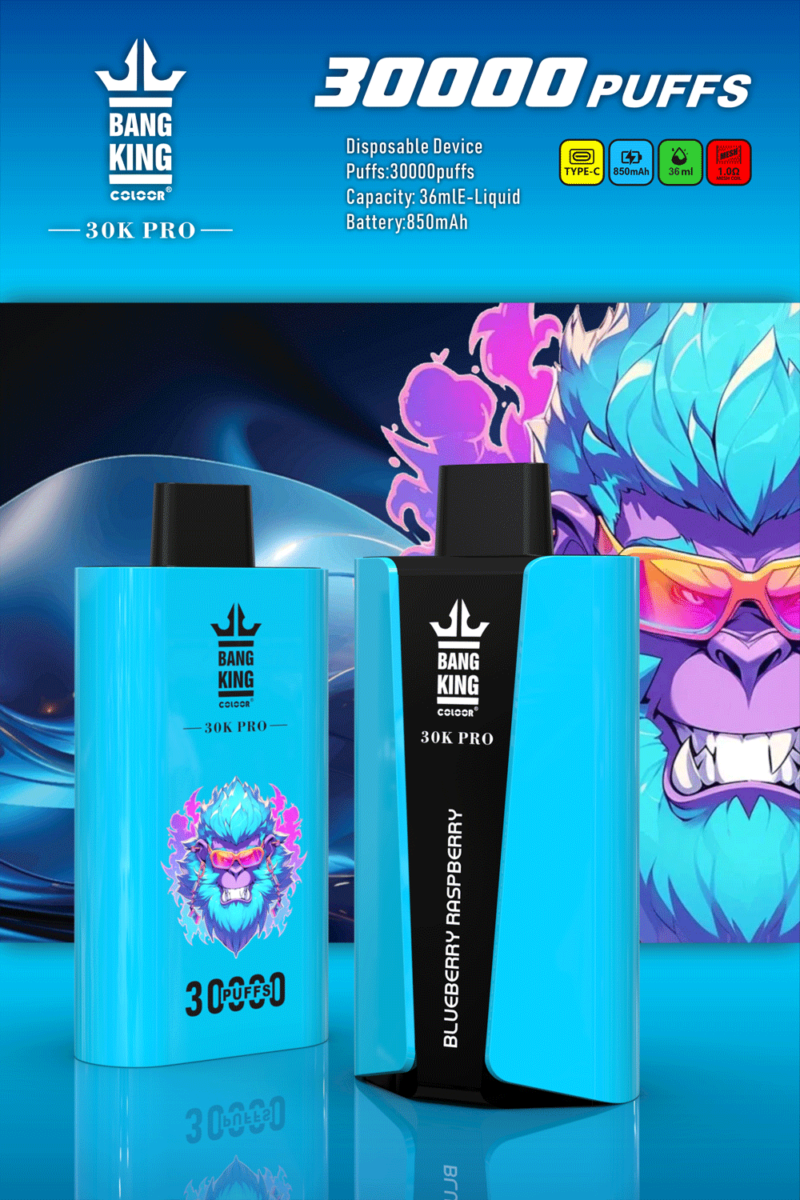 „Bang King 30K Pro Einweg-Vape-Gerät mit 30.000 Zügen, 36 ml E-Liquid-Kapazität, 850 mAh-Akku und Blaubeer-Himbeer-Geschmack, mit einem leuchtend blauen Design und einem illustrierten Gorilla-Maskottchen.“