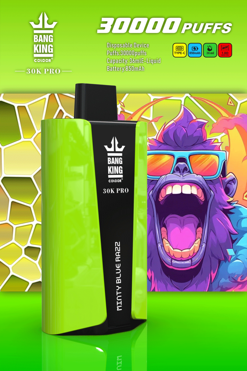 Bang King 30K Pro Einweg-Vaporizer mit 30.000 Zügen, 36 ml E-Liquid-Kapazität, 850 mAh-Akku, Typ-C-Ladefunktion und Minty Blue Razz-Geschmack, abgebildet vor einem farbenfrohen Hintergrund mit Gorilla-Motiv.