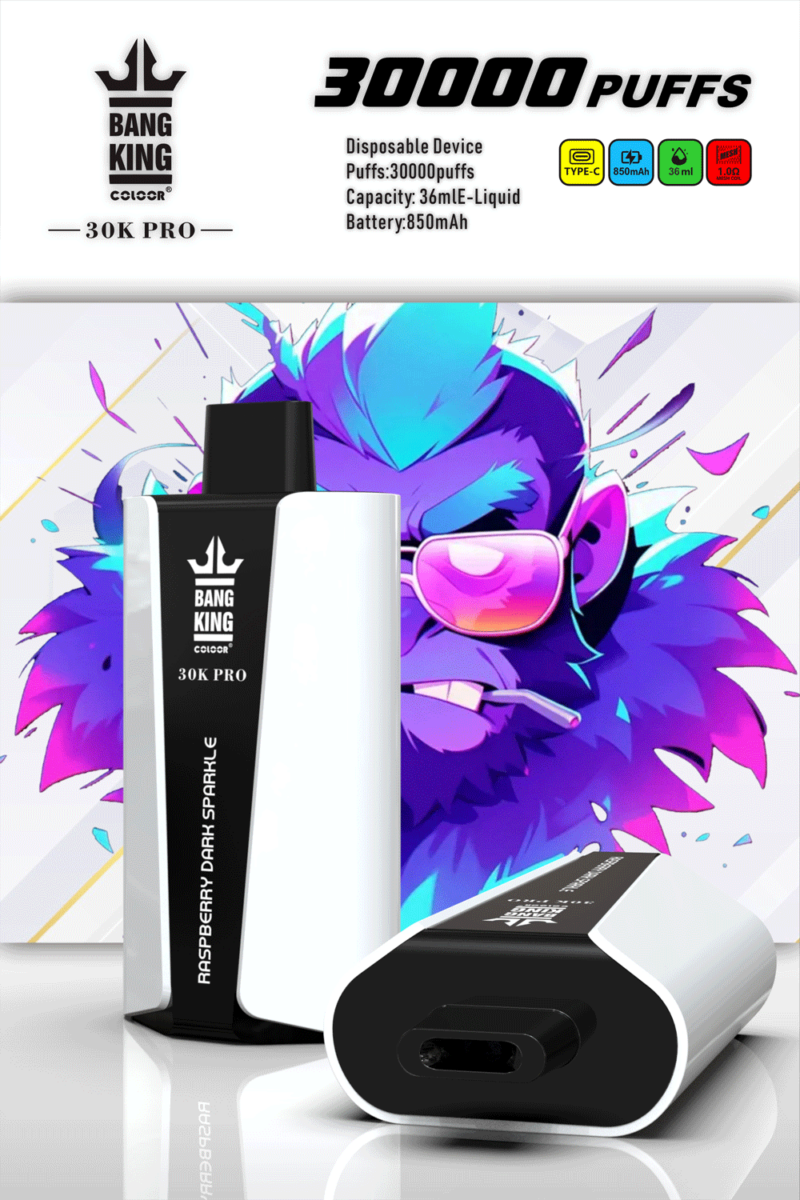 Bang King 30K Pro Einweg-Vape-Gerät mit 30.000 Zügen, 36 ml E-Liquid-Kapazität, 850 mAh-Akku und Ladeanschluss Typ C. Das Design umfasst einen eleganten schwarz-weißen Körper mit Raspberry Dark Sparkle-Geschmack, platziert vor einer farbenfrohen Illustration eines blau-violetten Gorillas mit Sonnenbrille.