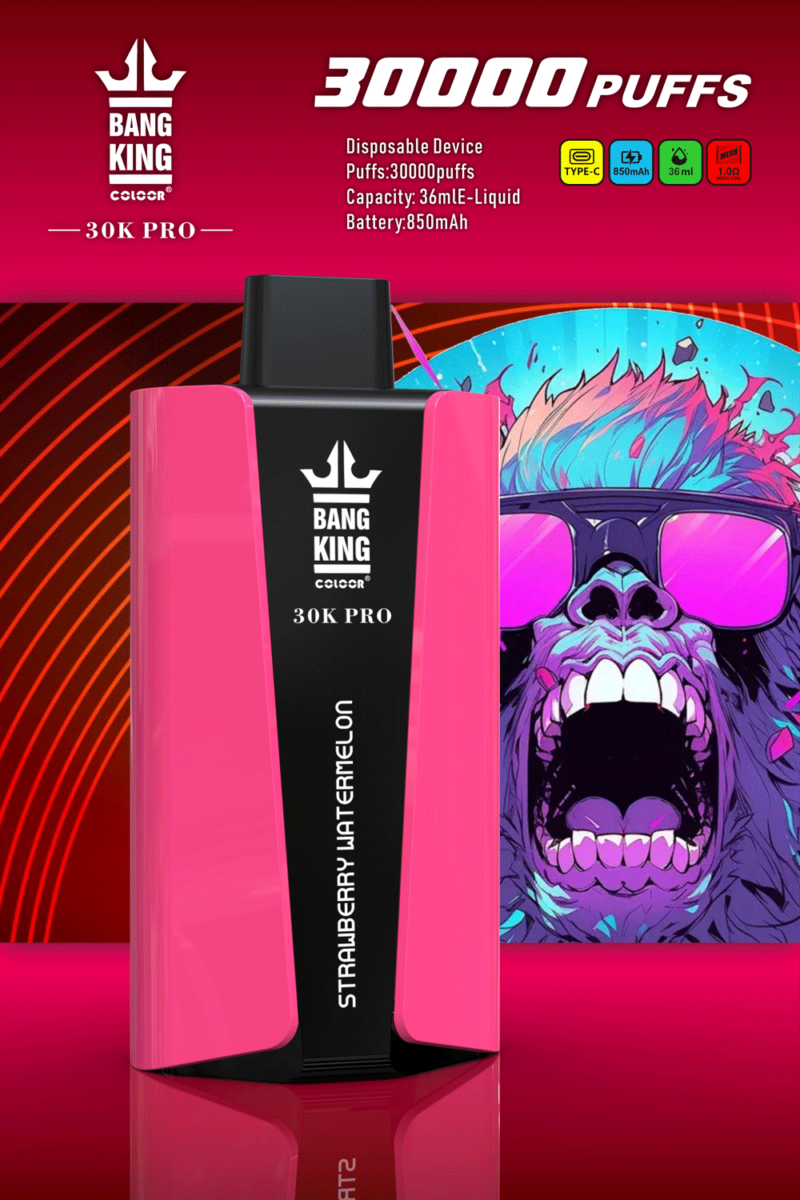 „Bang King 30K Pro Einweg-Vape mit 30.000 Zügen, Erdbeer-Wassermelonen-Geschmack, in rosa und schwarzem Design, mit 36 ml E-Liquid-Kapazität, 850 mAh-Akku und Aufladen über Typ C.“