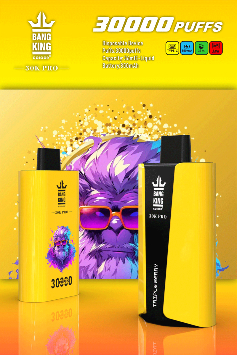„Bang King 30K Pro Einweg-Vape mit 30.000 Zügen, 36 ml E-Liquid-Kapazität und 850 mAh-Akku, abgebildet in gelber Verpackung mit einer leuchtend violetten Figurenillustration.“