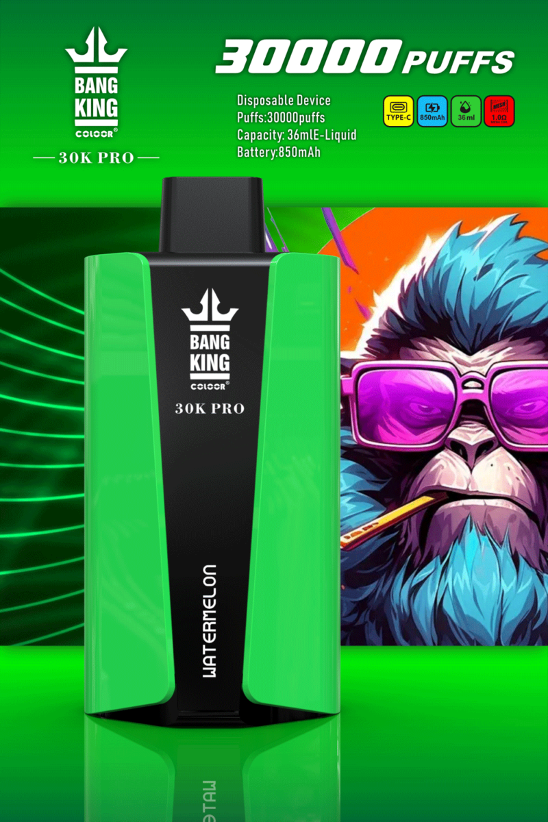Einweg-Vaping-Gerät Bang King 30K Pro mit Wassermelonengeschmack, bietet 30.000 Züge, 36 ml E-Liquid-Kapazität, 850 mAh-Akku und Typ-C-Laden.