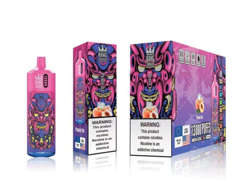 Pink and purple Bang Tornado Peach Ice vape packaging with a vibrant, stylized monster design, featuring a warning label about nicotine addiction and information about 13,000 puffs.