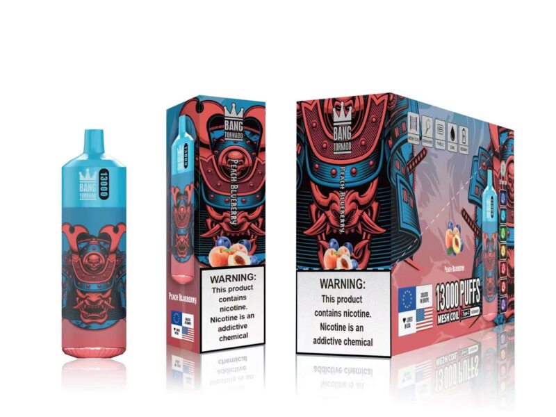 The image shows a Bang Tornado vape product with packaging, featuring a vibrant design of a samurai helmet on a blue and red color scheme, labeled "Peach Blueberry" with a warning stating the product contains nicotine, an addictive chemical.